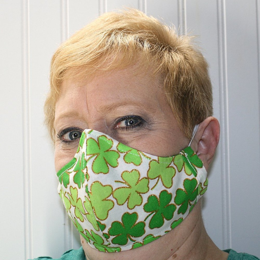 HAND CRAFTED Face Mask Green Shamrock Adult Cloth Fabric Print - Shield Style